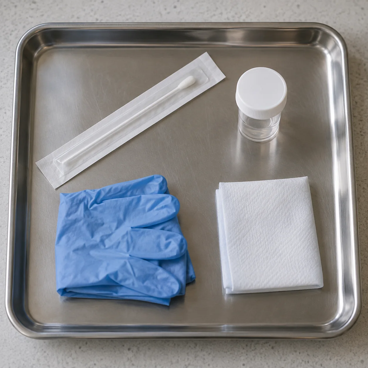 Exam tray prepared for an anal Pap smear: sealed swab, specimen vial, gloves and drape