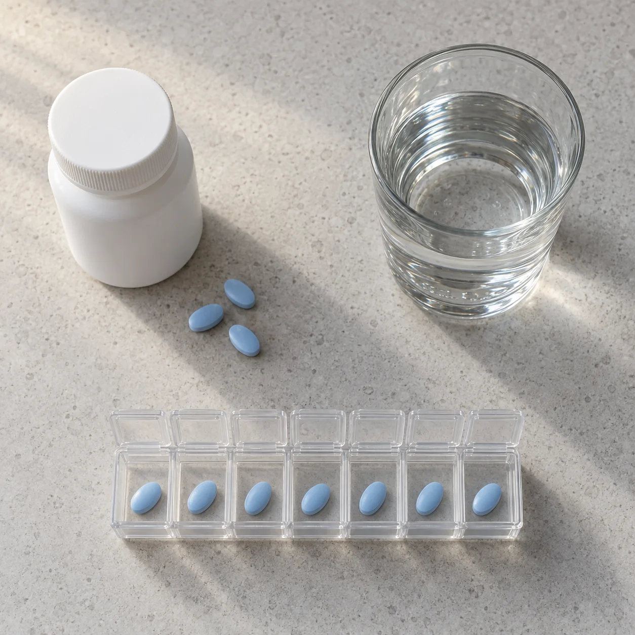 A daily PrEP routine: prescription bottle, weekly pill organizer and a glass of water